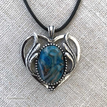 Blå Agat vedhæng sølv hjerte læderhalskæde